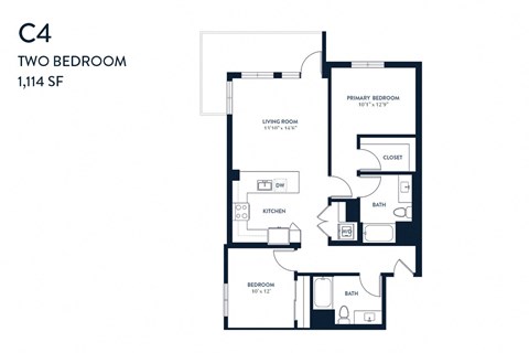 Floor plan for 2 beds, 2 baths, 1114 sqft